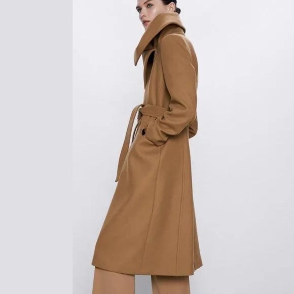 Zara Camel Wool Wrap Collar Coat - Picture 3 of 16